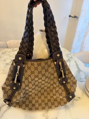 Authentic Gucci Brown GG Canvas Shoulder Bag with Braided Leather Handles
